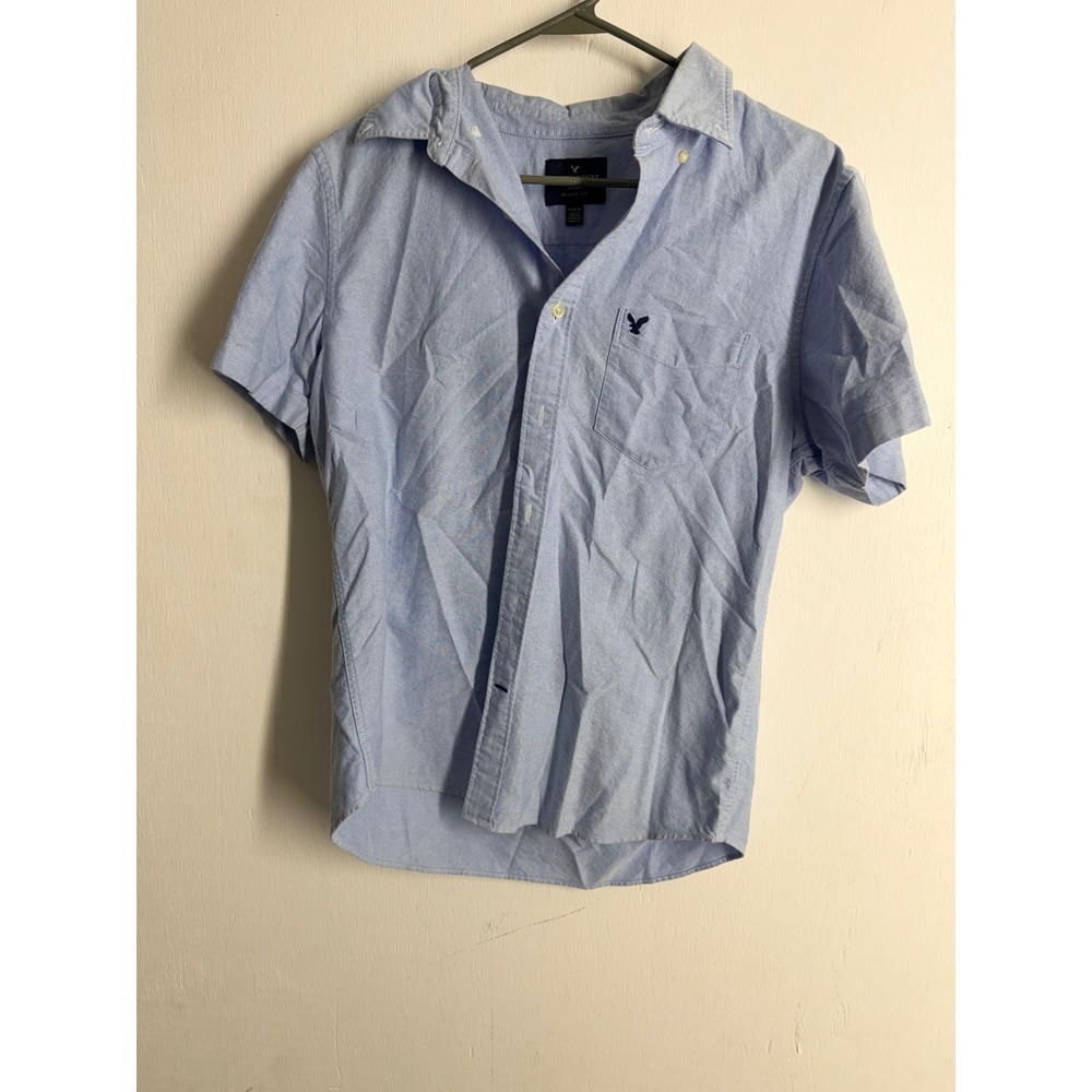 American Eagle Men Medium Blue Short Sleeve Button Down Oxford Classic Fit Shirt